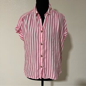 beachlunchlounge Women's Pink and‎ White Striped Button Down Shirt